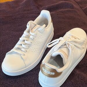 adidas White Sneakers with Metallic Gold Heel Tab: Ladies size 10